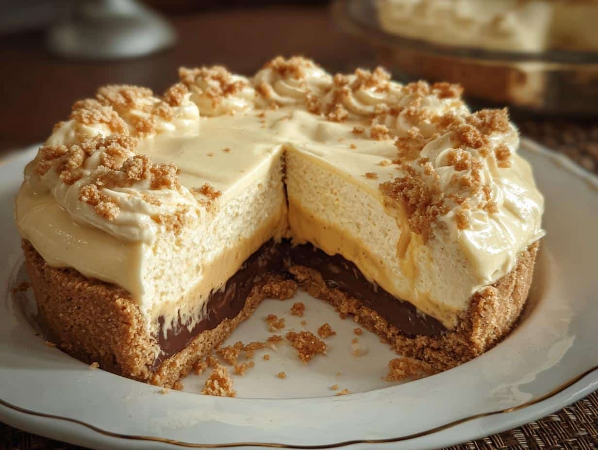 Amish Peanut Butter Cream: Amazing No-Bake Pie - A slice of the pie showing the layers