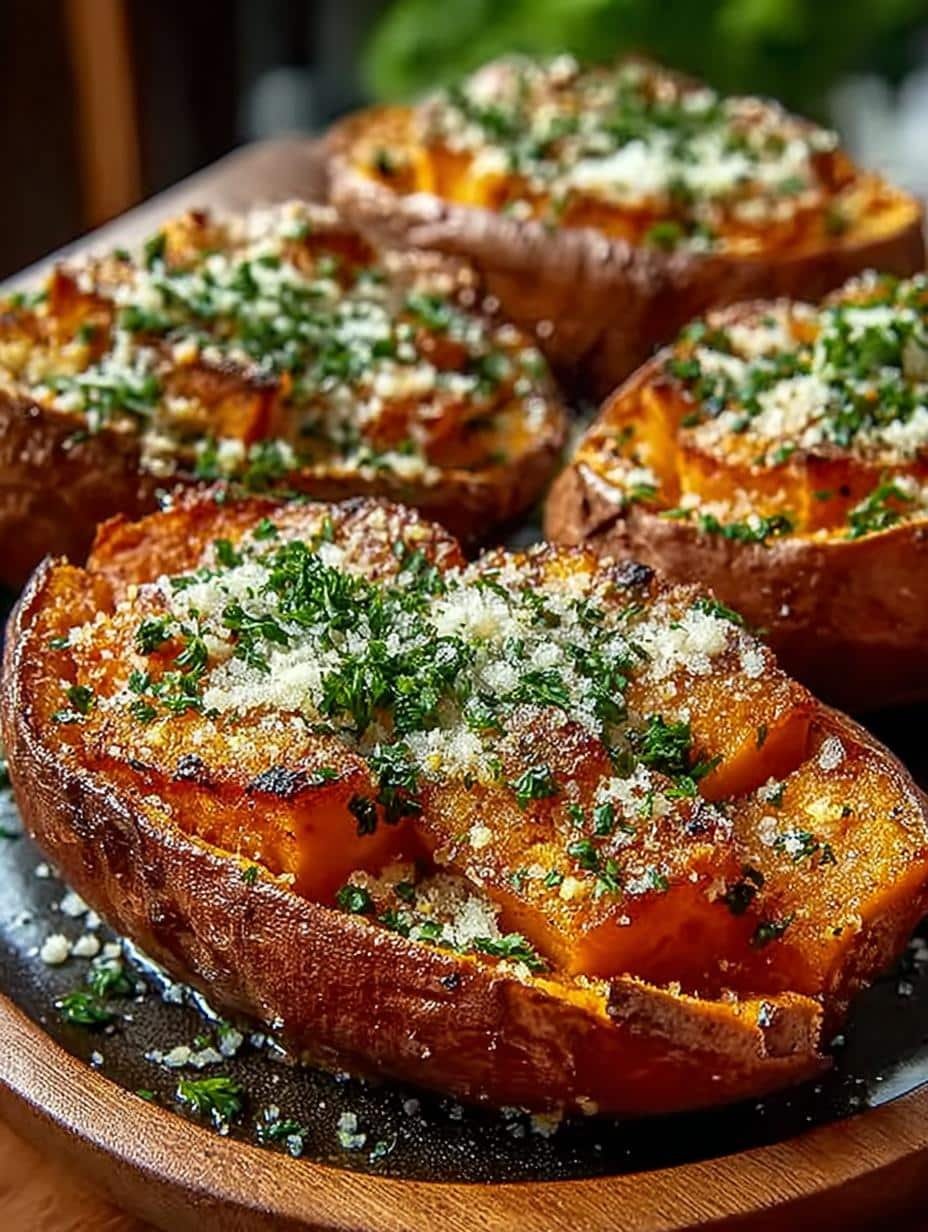 Crispy Garlic Parmesan Sweet Potato Wedges Recipe - Garlic Parmesan Sweet Potato - additional detail