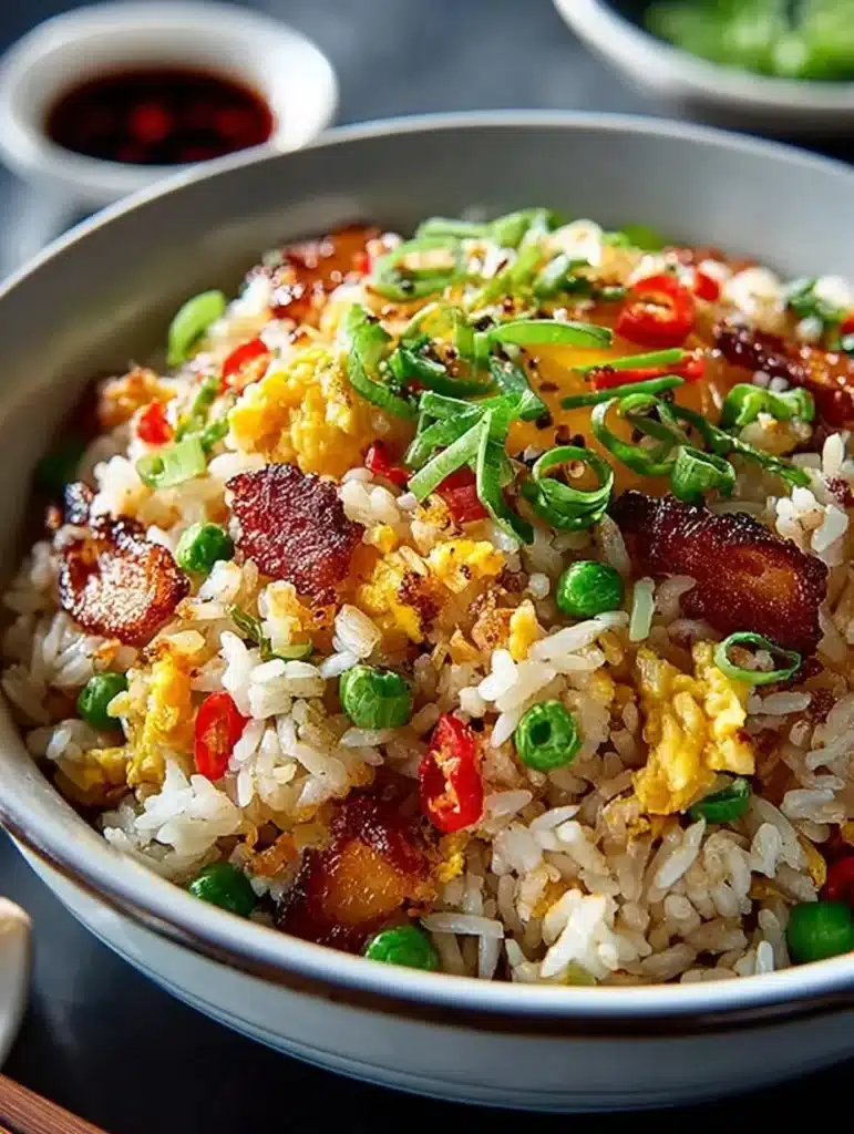 A plate of vibrant Breakfast Fried Rice with vegetables and eggs.