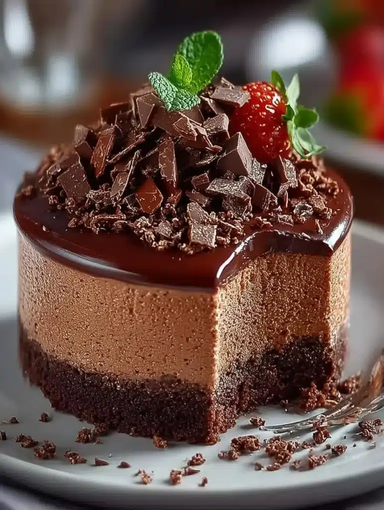 Decadent Chocolate Mousse Cake with layers of chocolate and whipped cream.