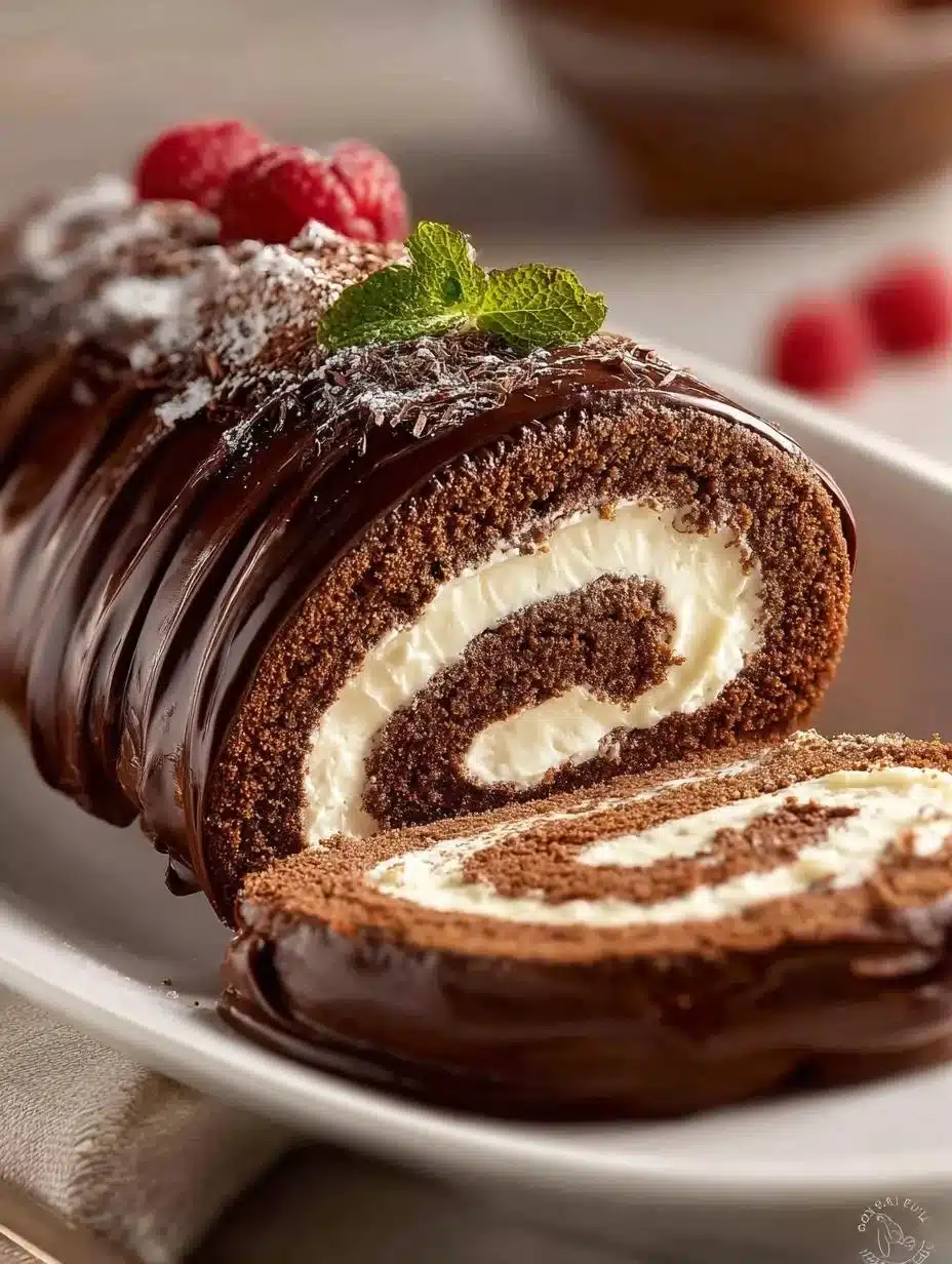 Delicious chocolate Swiss roll cake topped with creamy chocolate frosting