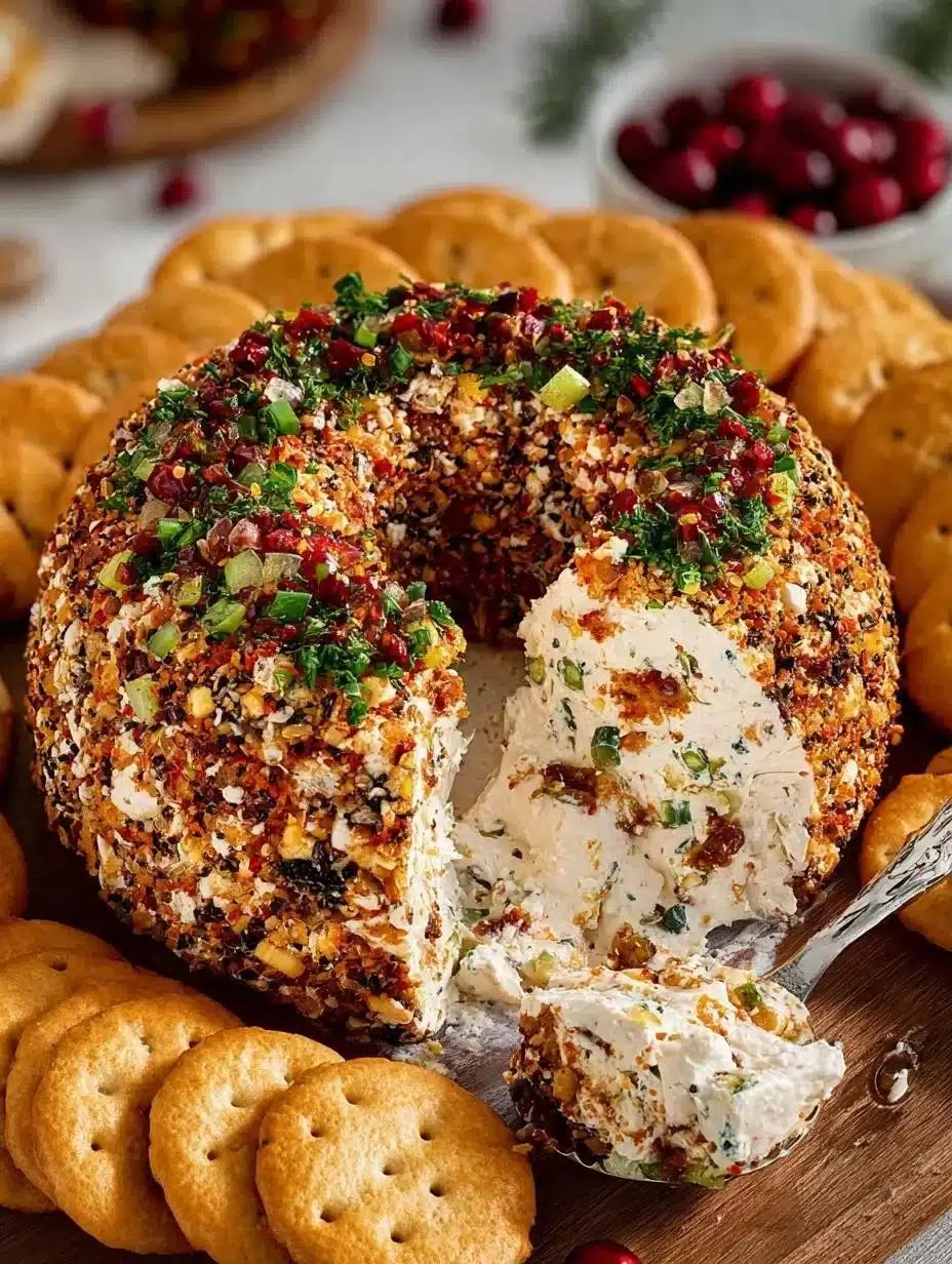 Festive Christmas Wreath Cheese Ball decorated with herbs and spices