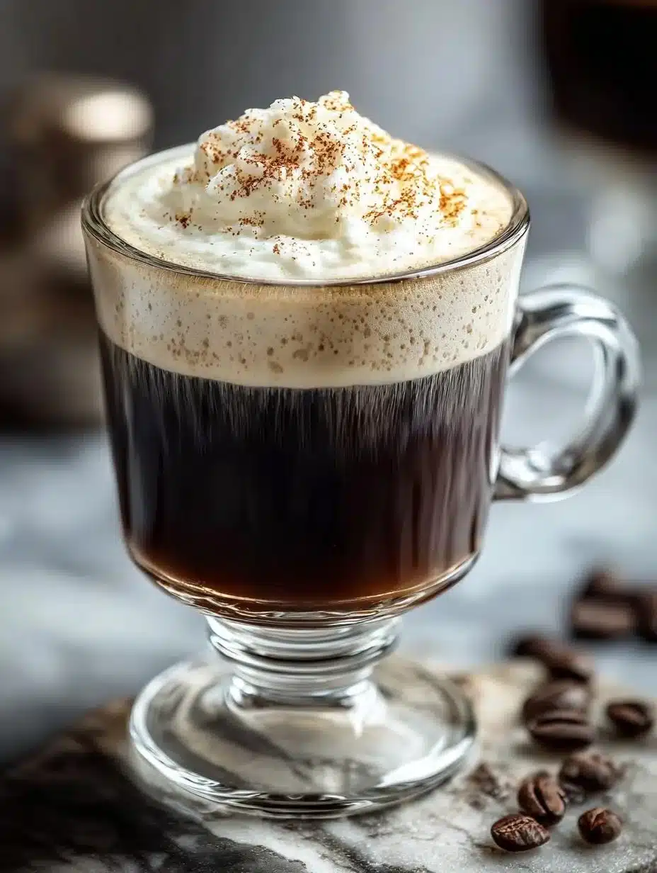 A steaming cup of original Irish coffee with whipped cream and coffee beans.