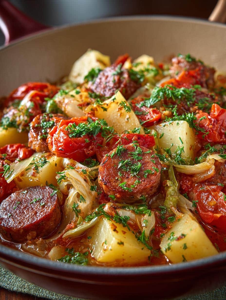 Hearty Cabbage Potatoes Sausage Tomato for Comfort - Cabbage Potatoes Sausage Tomato - main visual representation