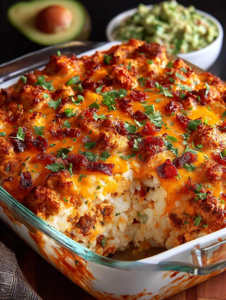 Chicken Rice Queso Casserole: 6 Comforting Ingredients 2 Irresistible Chicken Rice Queso Casserole fresh from the oven on a serving dish