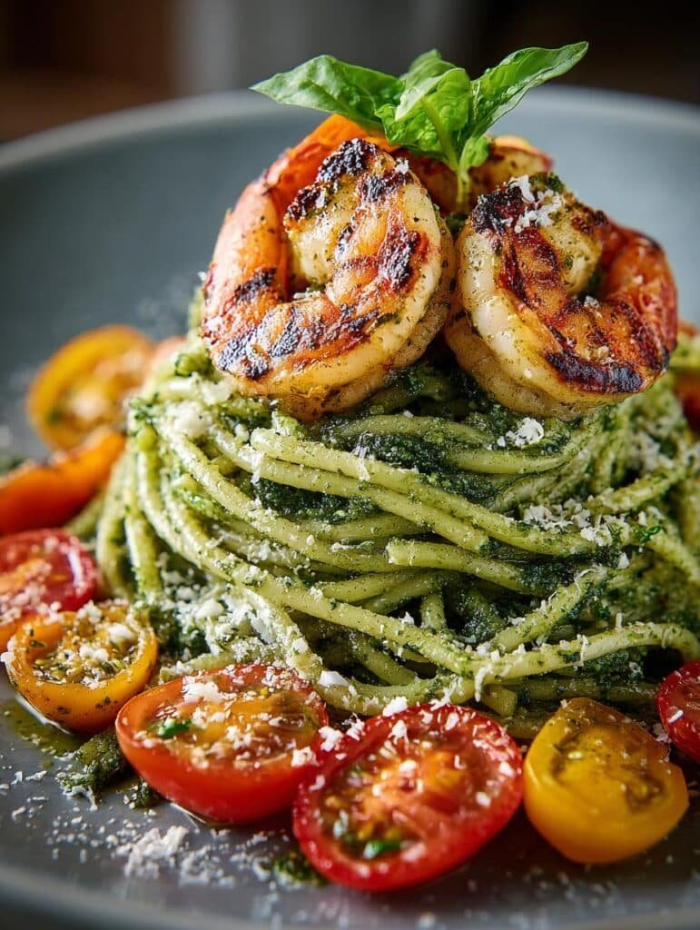Pesto Pasta Grilled Shrimp