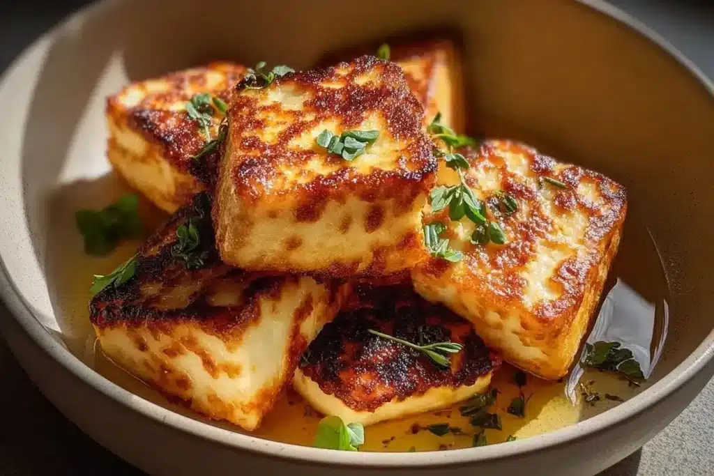 Deliciously cooked air fryer halloumi slices served with fresh herbs