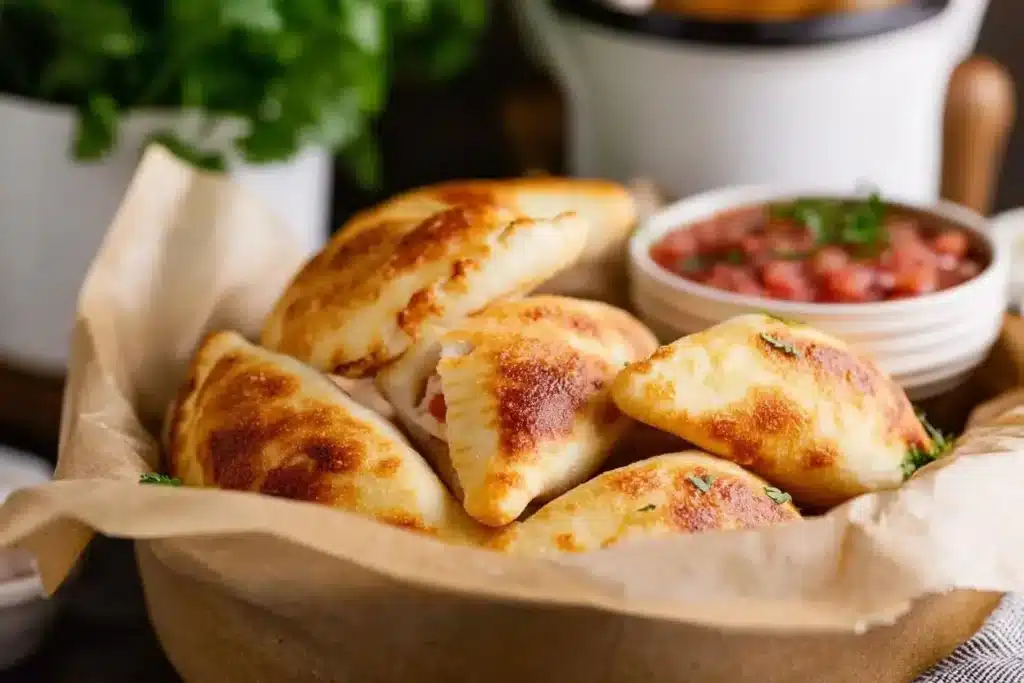 Delicious air fryer pizza rolls cooked to golden perfection.