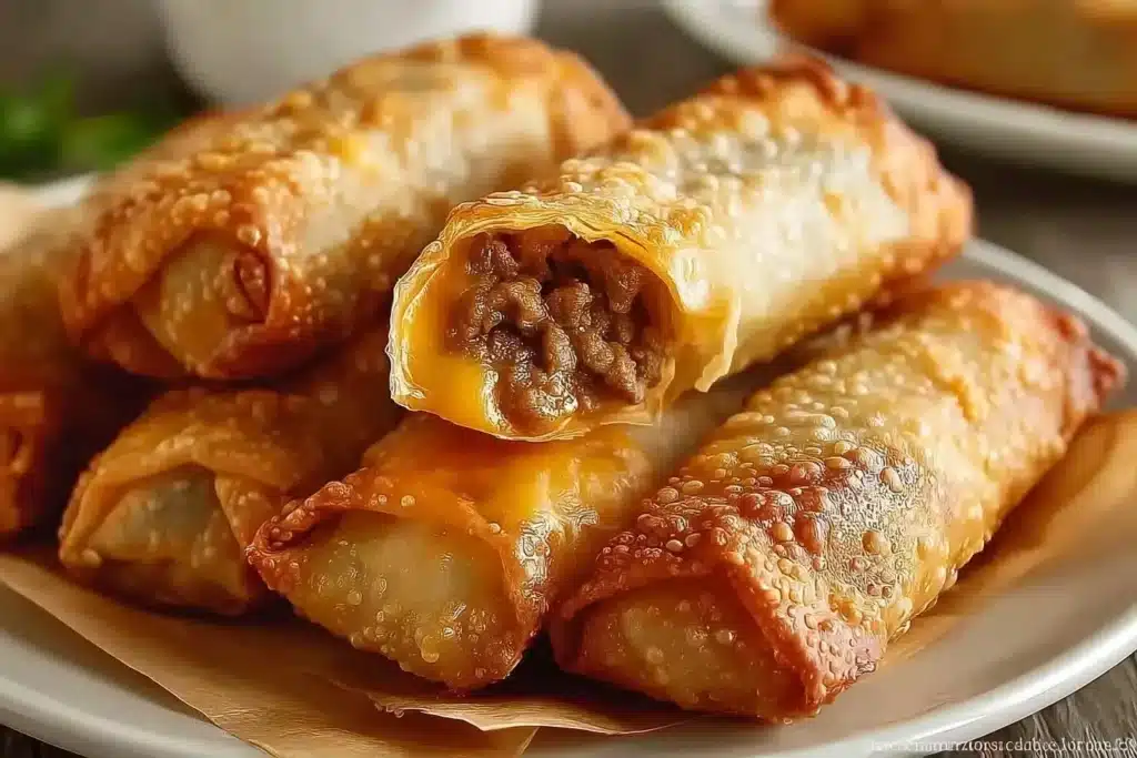 Plate of crispy beef cheddar egg rolls served with dipping sauce