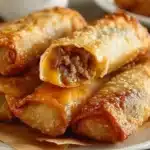 Plate of crispy beef cheddar egg rolls served with dipping sauce