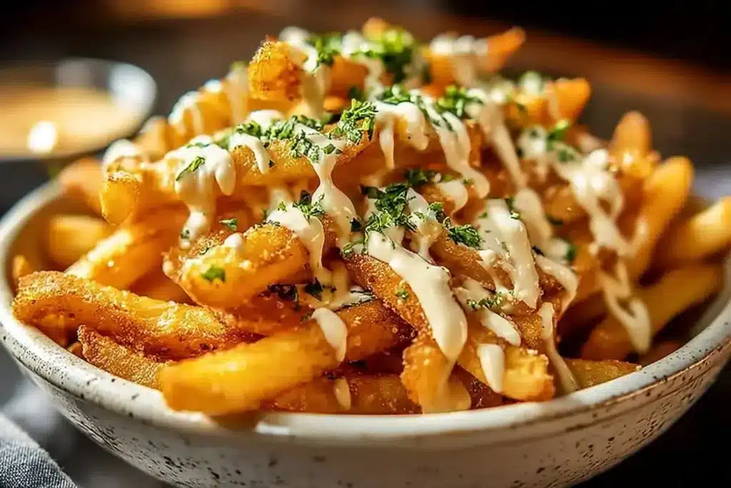 Plate of delicious Cajun Loaded Fries topped with cheese and spices