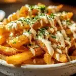 Plate of delicious Cajun Loaded Fries topped with cheese and spices