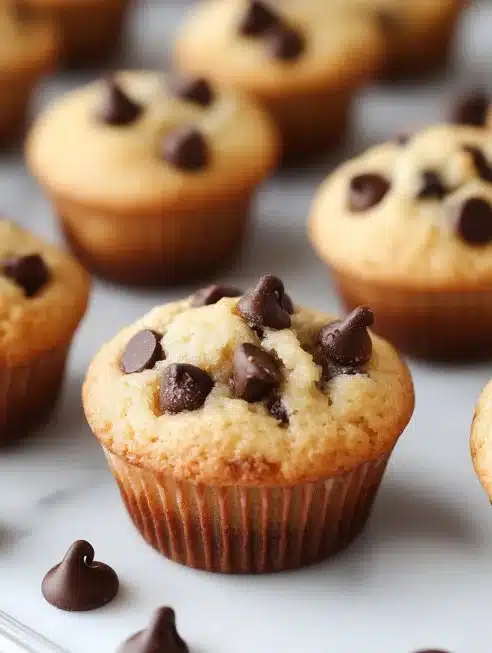 Freshly baked chocolate chip mini muffins on a wooden table