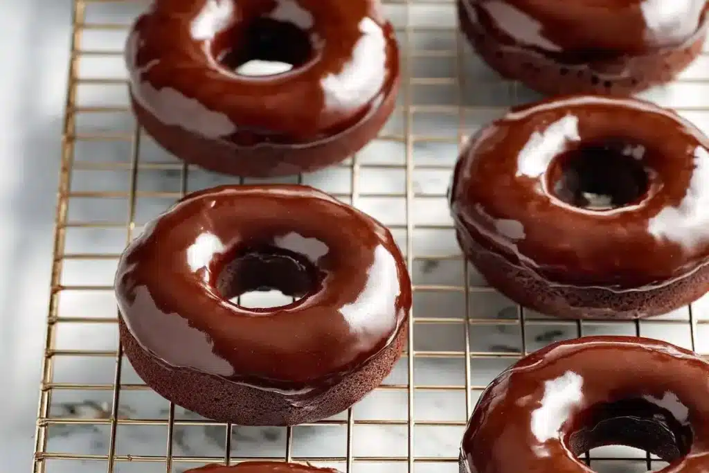 Deliciously rich chocolate mini donuts on a plate, perfect for treats.