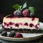 Slice of creamy dream cheesecake topped with fresh berries