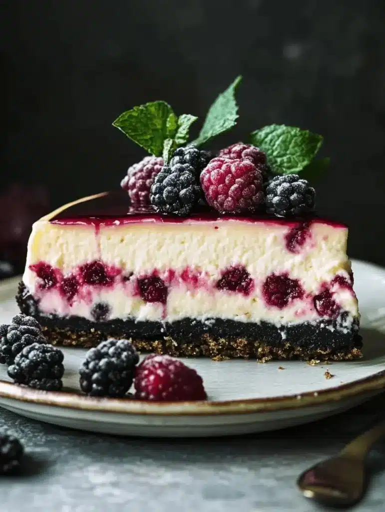 Slice of creamy dream cheesecake topped with fresh berries