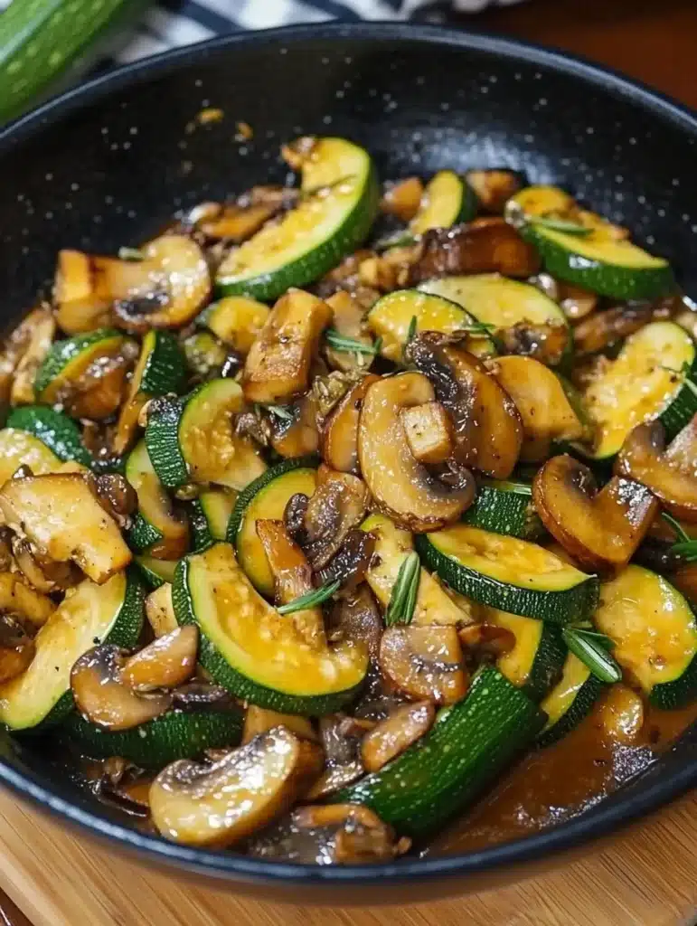 Plate of sautéed zucchini and mushrooms garnished with herbs