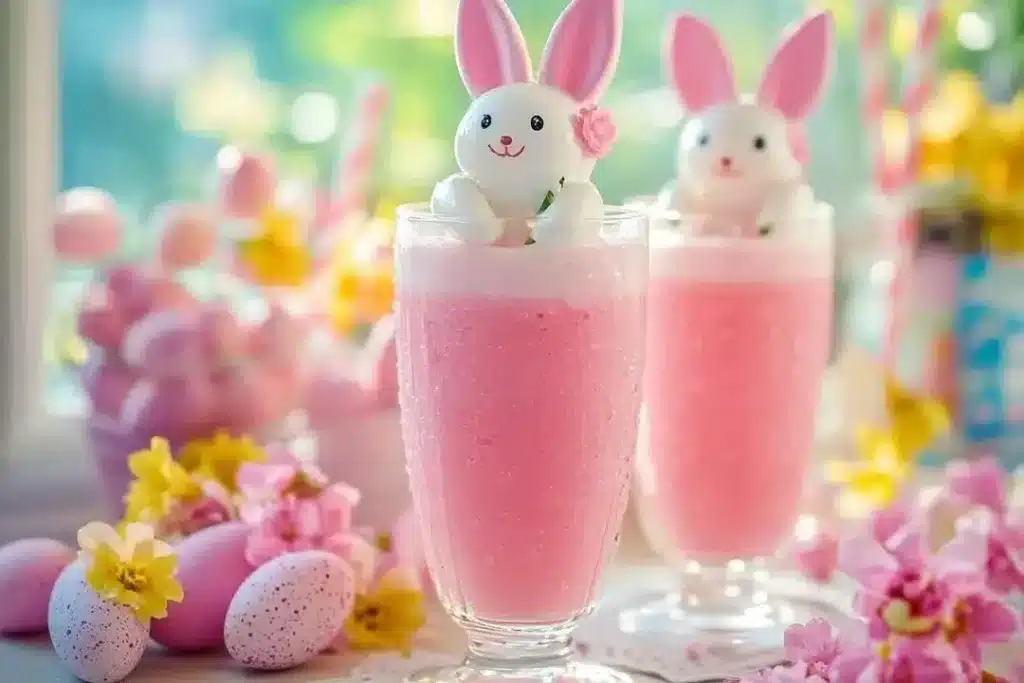 Bright and colorful Easter Bunny Punch in a festive glass.