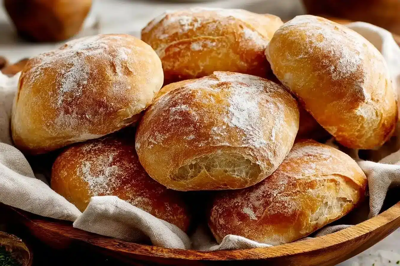 Freshly baked homemade bread loaves on a wooden table