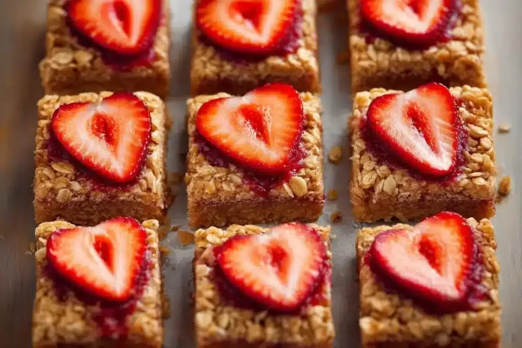 Delicious strawberry oatmeal bars on a wooden plate, perfect for breakfast or snacks.