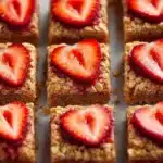 Delicious strawberry oatmeal bars on a wooden plate, perfect for breakfast or snacks.