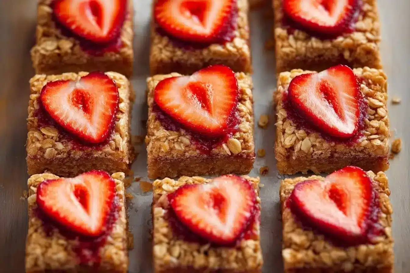 Delicious strawberry oatmeal bars on a wooden plate, perfect for breakfast or snacks.