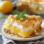 Delicious Lemon Cream Cheese Dump Cake topped with fresh lemons and cream cheese frosting