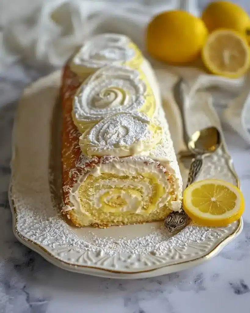 Delicious Lemon Cream Swiss Roll dessert on a plate