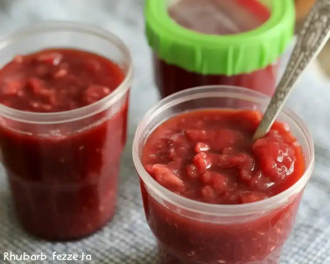 Homemade rhubarb freezer jam in a jar with fresh rhubarb stalks.