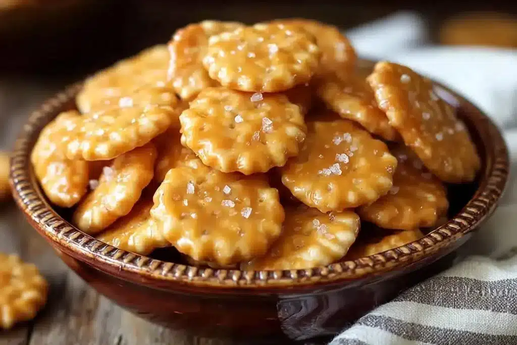 Salted caramel cracker bites with a rich, sweet flavor and crunchy texture