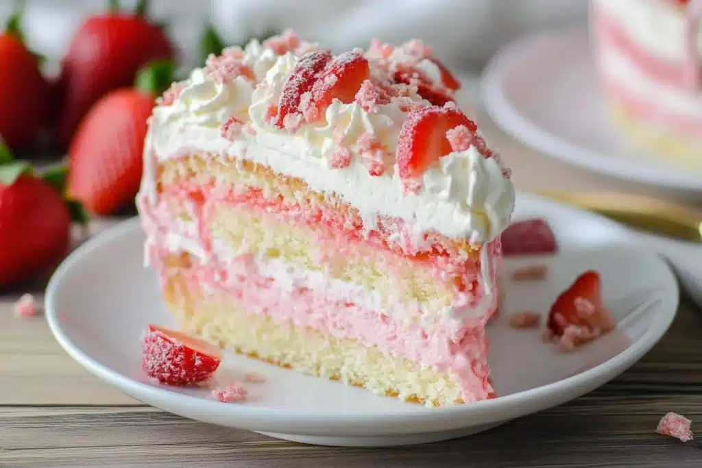 Delicious strawberry crunch cheesecake topped with strawberry pieces and crunch