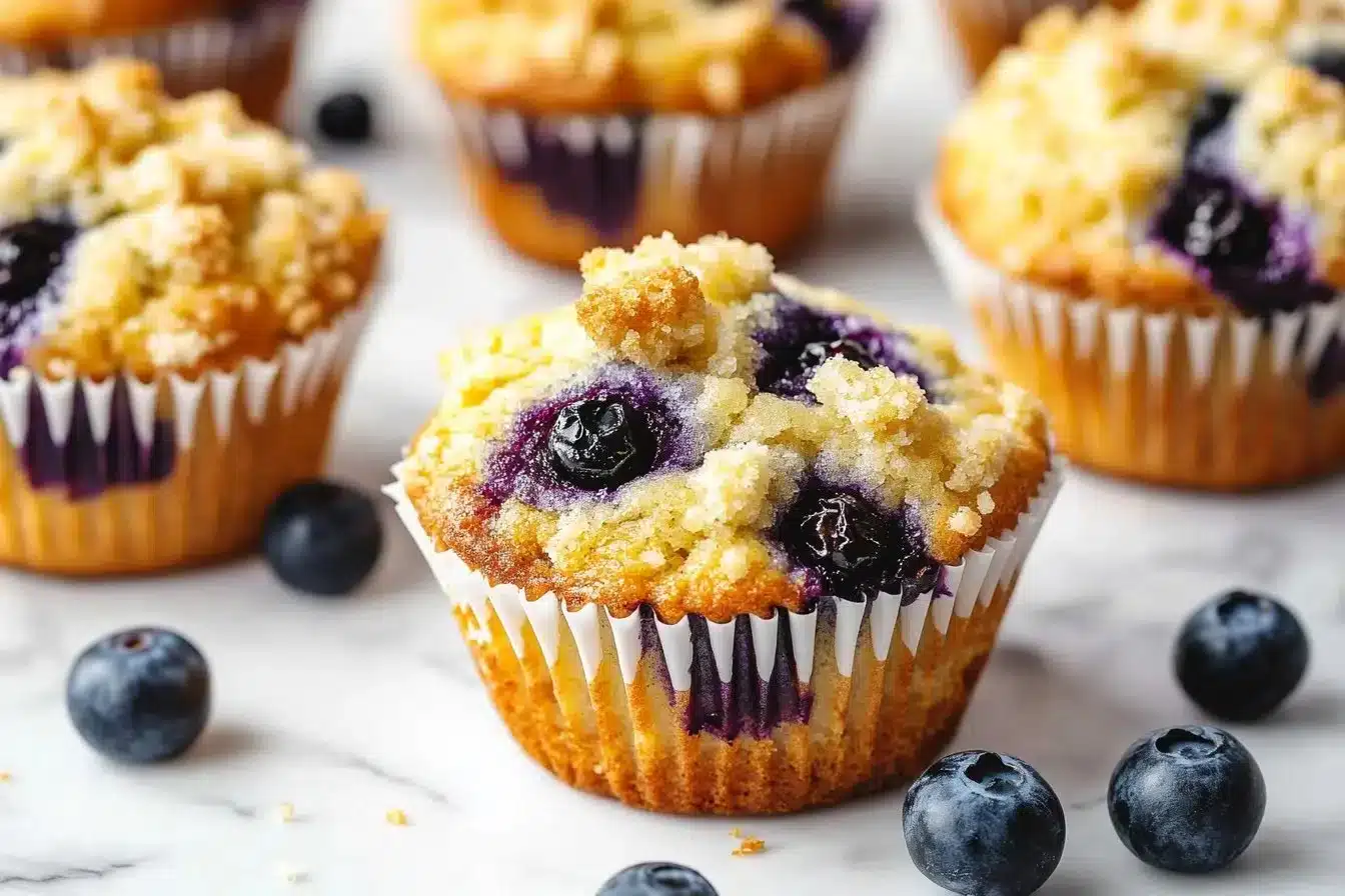 Ultimate moist and flavorful blueberry muffins fresh out of the oven