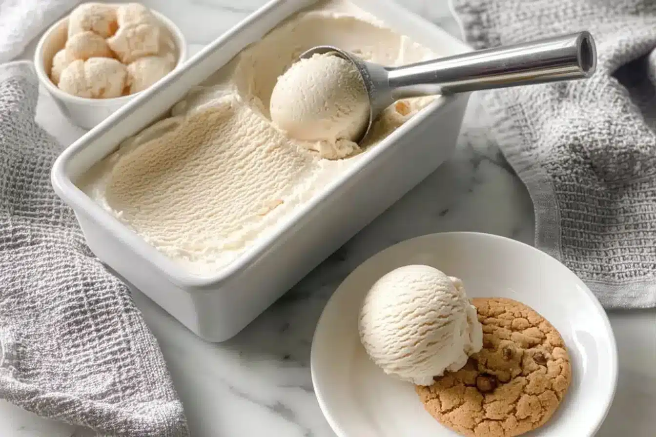 Creamy vanilla vegan ice cream served in a bowl, garnished with fresh fruit