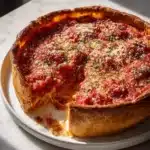 Chicago-style deep dish pizza topped with Italian sausage and cheese