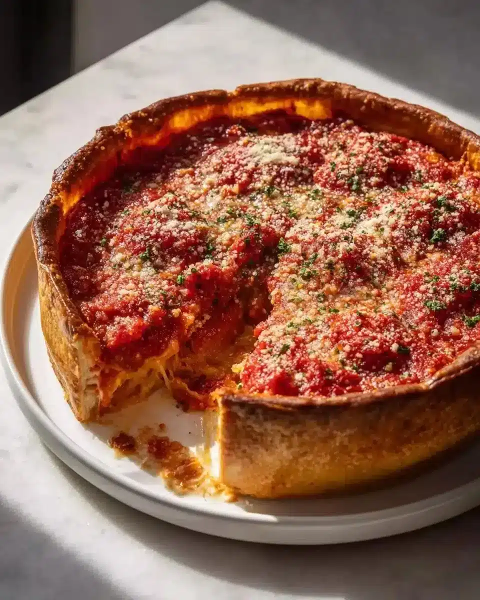 Chicago-style deep dish pizza topped with Italian sausage and cheese