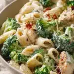Creamy Chicken Broccoli Alfredo served with pasta and broccoli in a bowl
