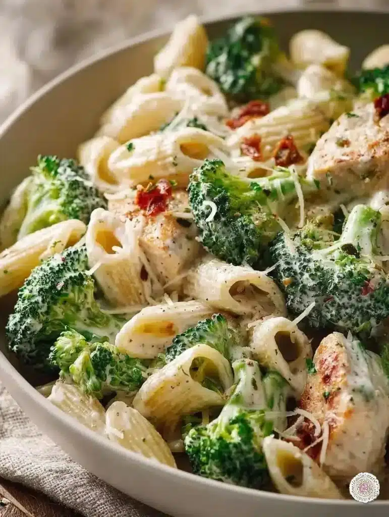 Creamy Chicken Broccoli Alfredo served with pasta and broccoli in a bowl
