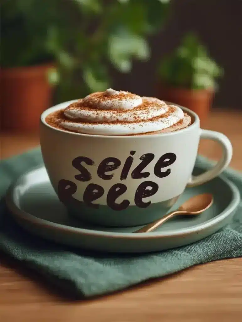 A warm cup of Cinnamon Brown Sugar Coffee on a wooden table with cinnamon sticks.