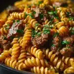 Creamy garlic butter steak pasta served in a bowl with fresh herbs