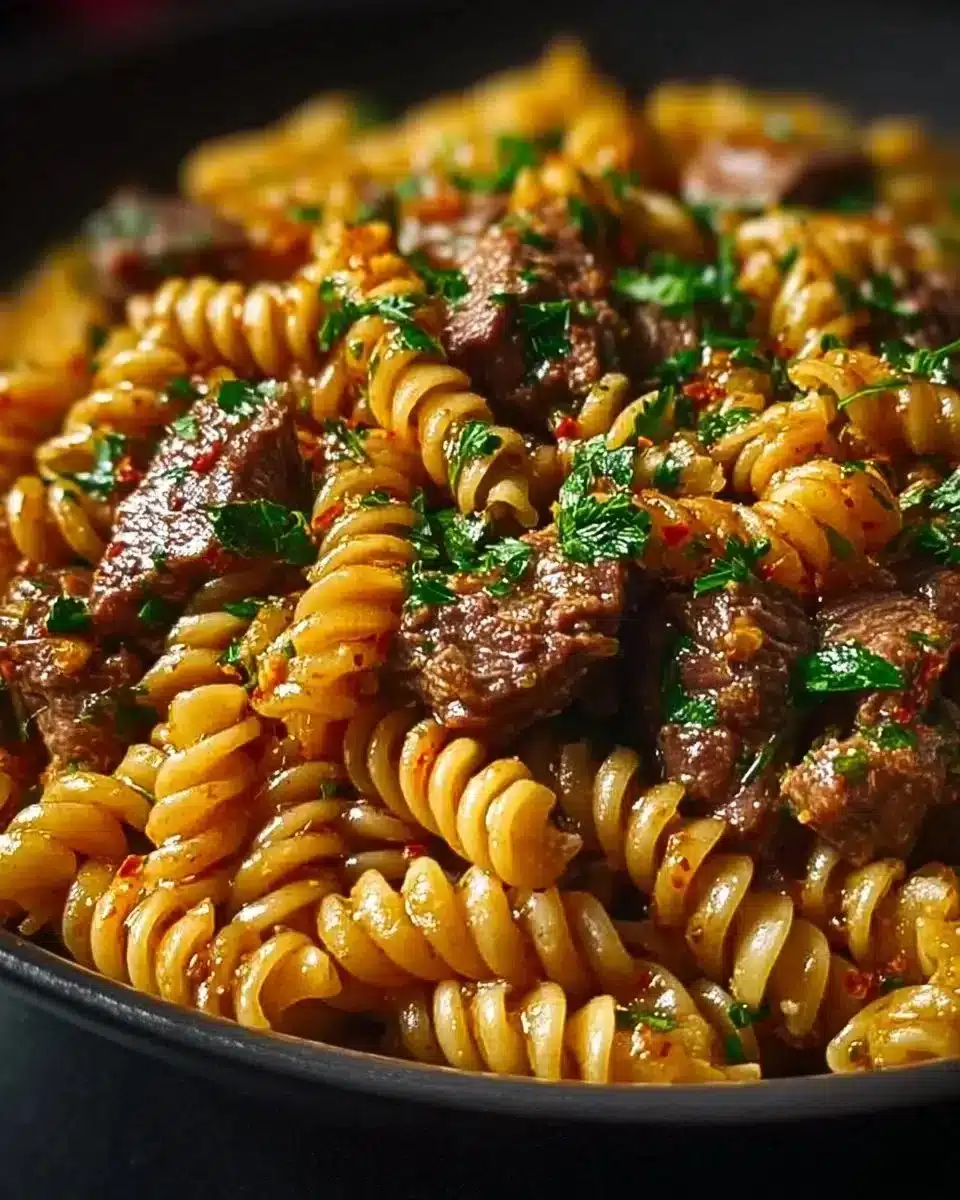 Creamy garlic butter steak pasta served in a bowl with fresh herbs