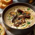 Homemade creamy mushroom soup in a bowl, garnished with herbs.