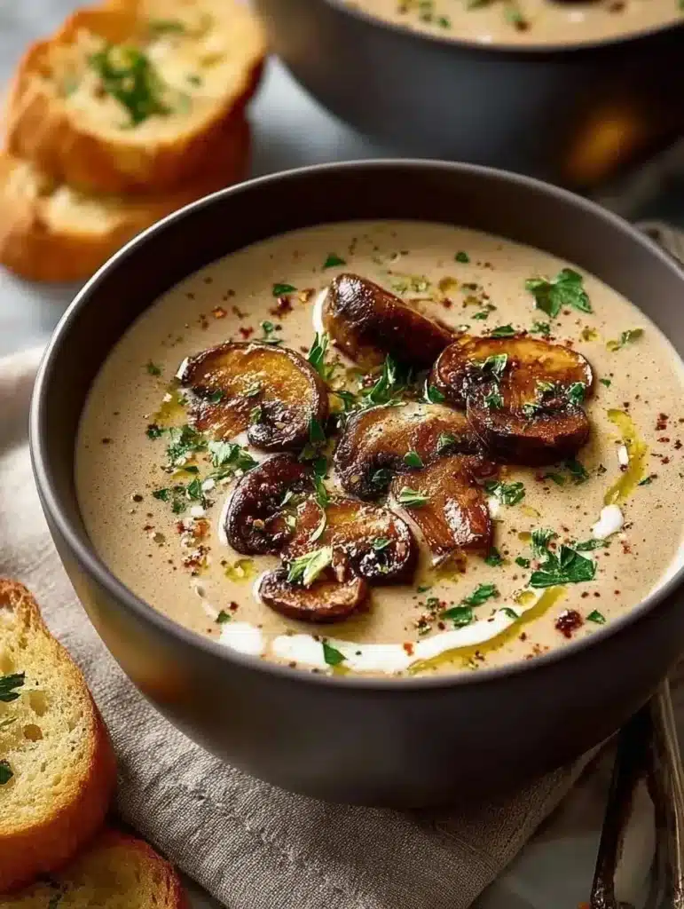 Homemade creamy mushroom soup in a bowl, garnished with herbs.