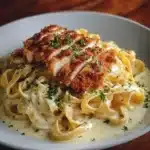 Plate of crispy chicken served with creamy pasta dish