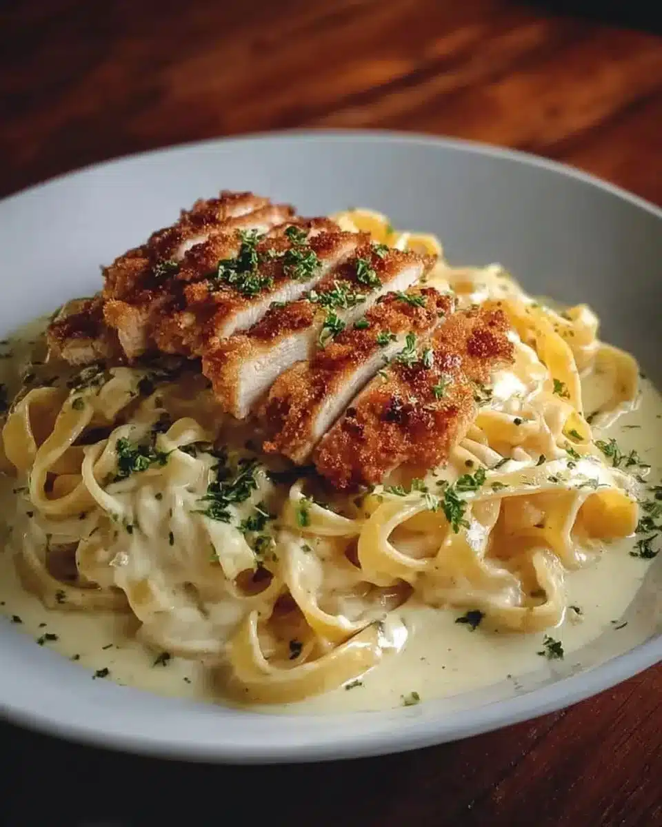 Plate of crispy chicken served with creamy pasta dish