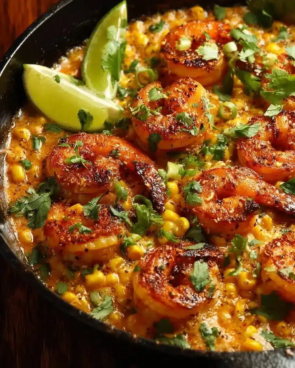 Delicious Mexican street corn topped with shrimp and creamy feta cheese sauce