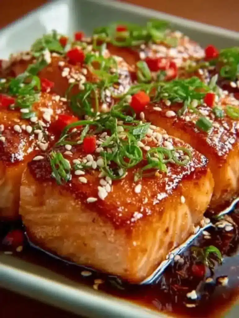 Delicious Orange Teriyaki Salmon garnished with citrus and herbs
