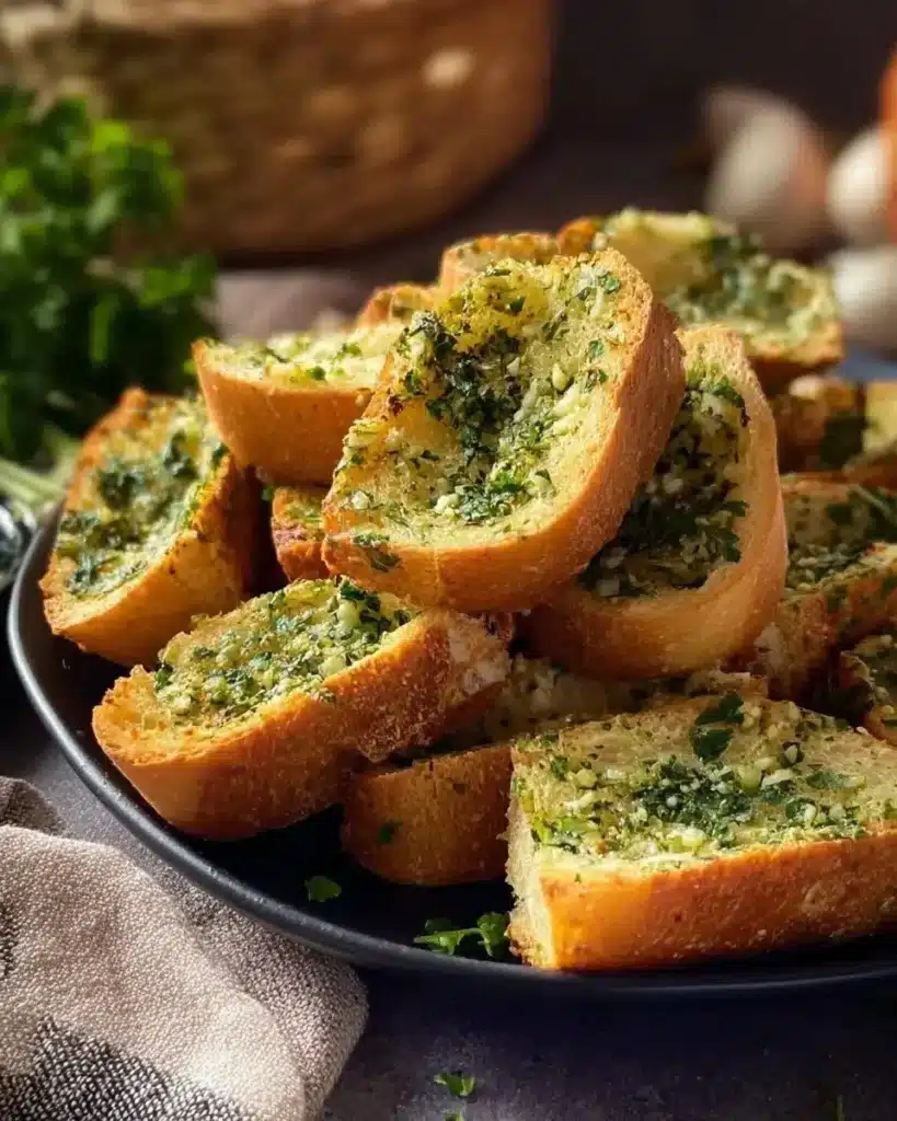 Crispy homemade garlic bread on a wooden cutting board.