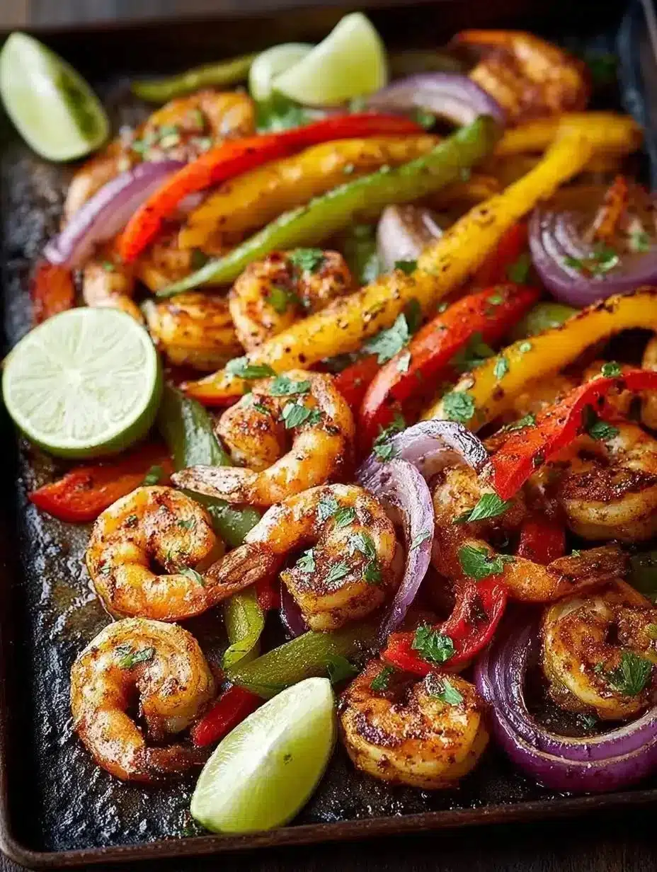 Sheet Pan Shrimp Fajitas with colorful bell peppers and spices