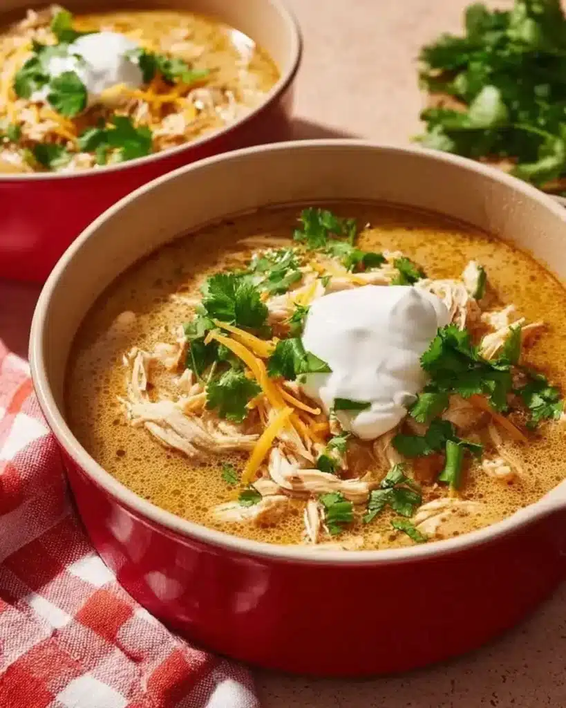 Bowl of Keto White Chicken Chili topped with cilantro and lime