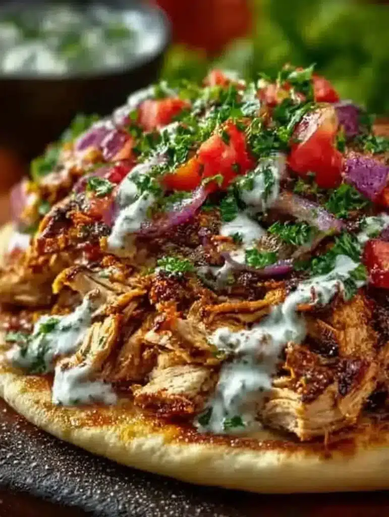 Slow cooker chicken shawarma served with pita and fresh vegetables
